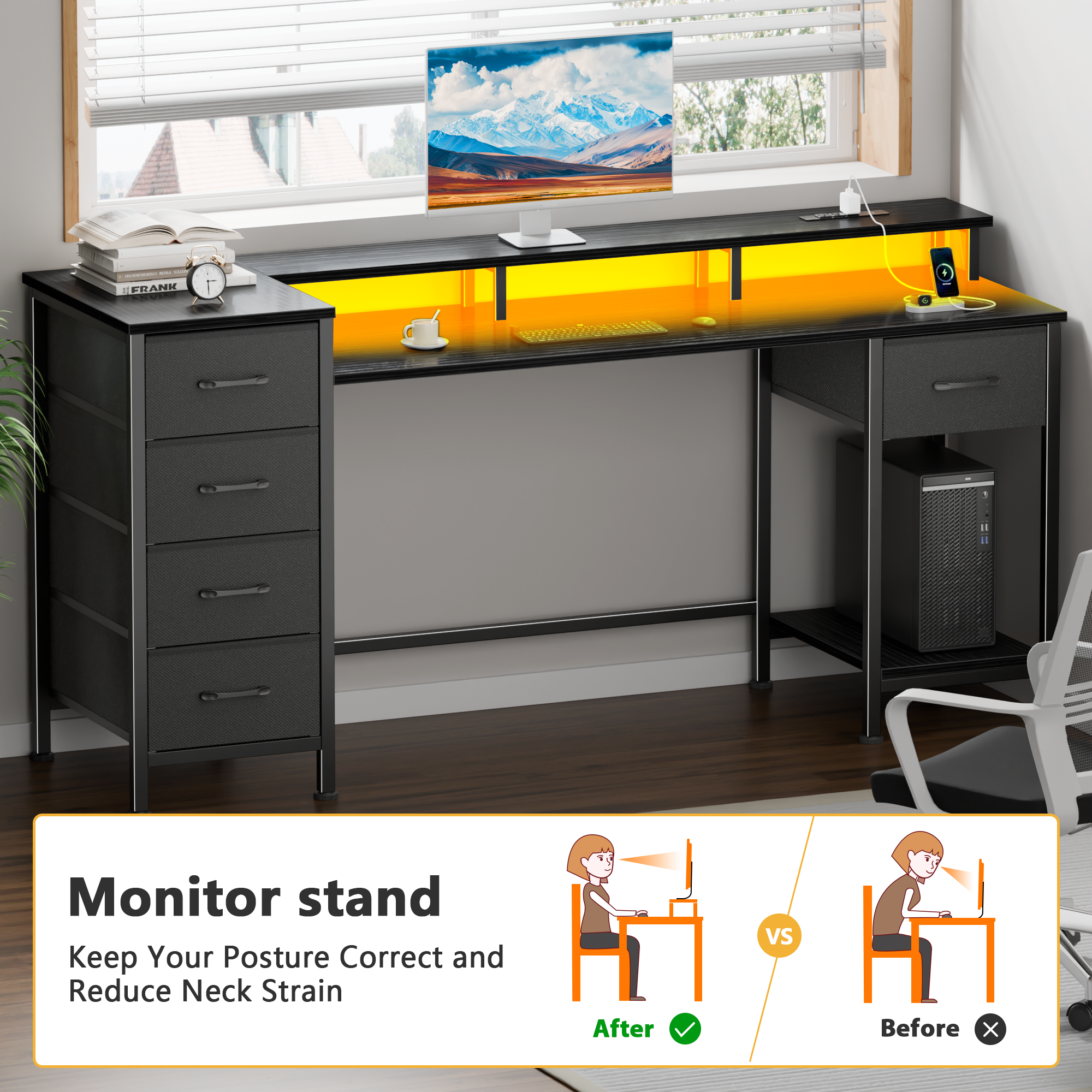 55 Inch Black Computer Desk with Charging Station Reversible Gaming Desk LED Lights Fabric Drawers Home Office Writing Table Bedroom Study Storage