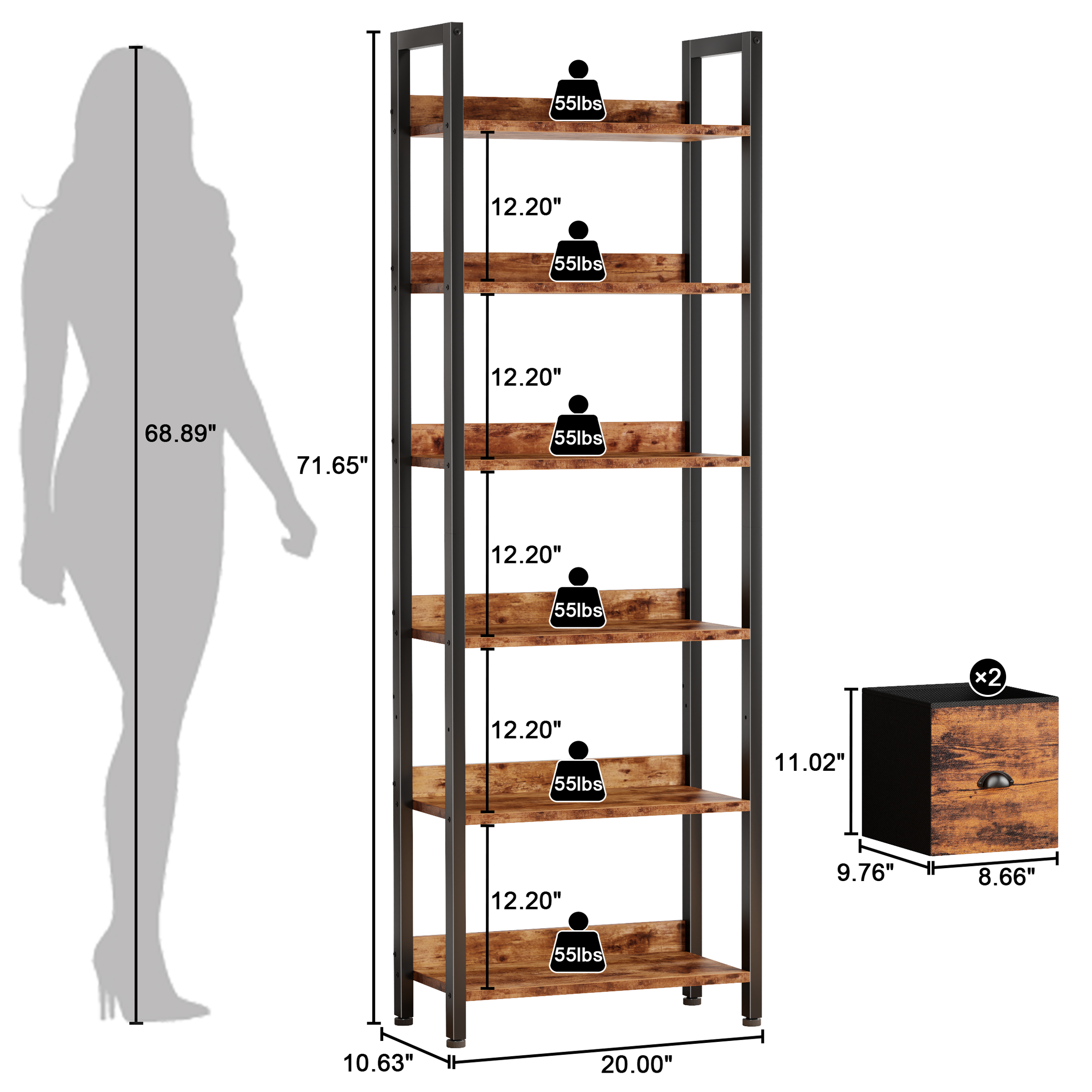 6 Tier 71 Inch Tall Rustic Bookcase with Two Drawers Storage Organizer Industrial Wood Metal Freestanding Bookshelf Home Office Bedroom Rustic Brown