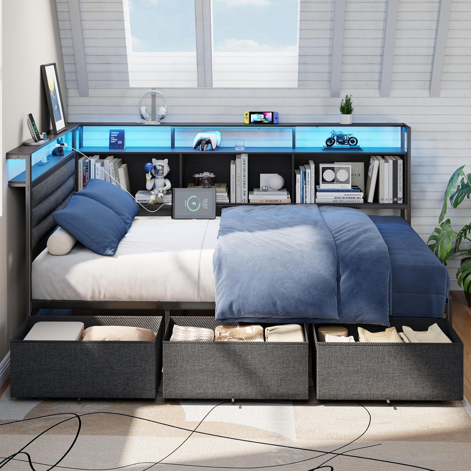 Corner Bed Frame with Storage Bookcase and LED Lights, Twin Size Bed Frames with Upholstered Headboard and Charging Station bed with 3 Storage Drawers