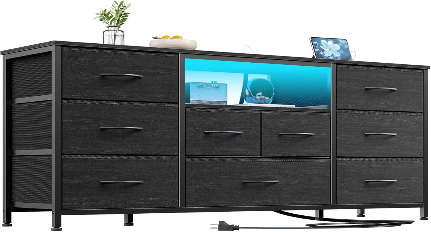 Furnulem 9 Drawer Dresser 55” Long TV Stand for Bedroom Entertainment Center with Power Outlet LED Light for 55"-65" TV Dresser with Fabric Storage