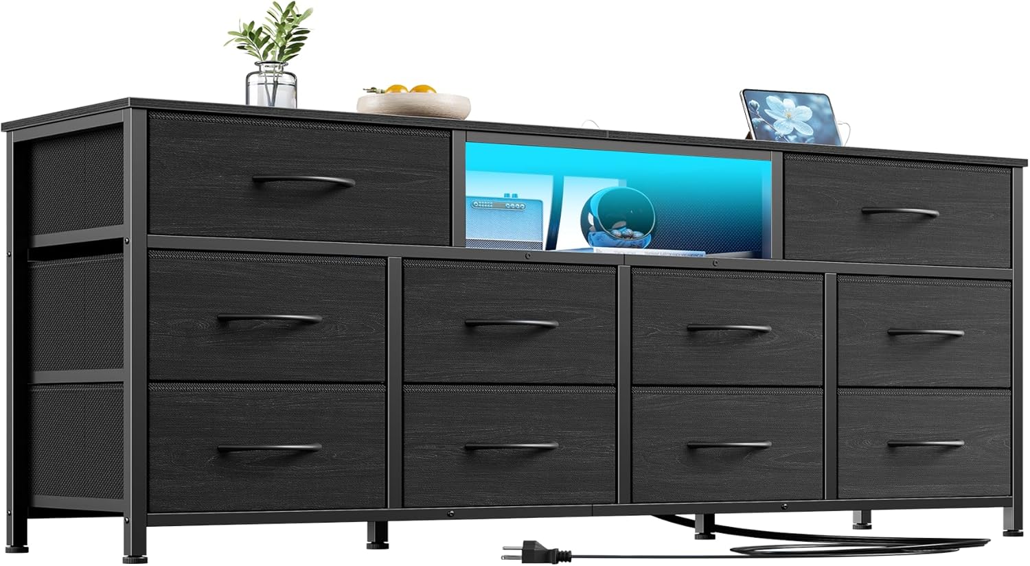 Furnulem 55” Long Dresser for Bedroom TV Stand for 55 to 65 inch TV Black Dresser with 10 Fabric Drawers Chest Center with Power Outlet LED Light