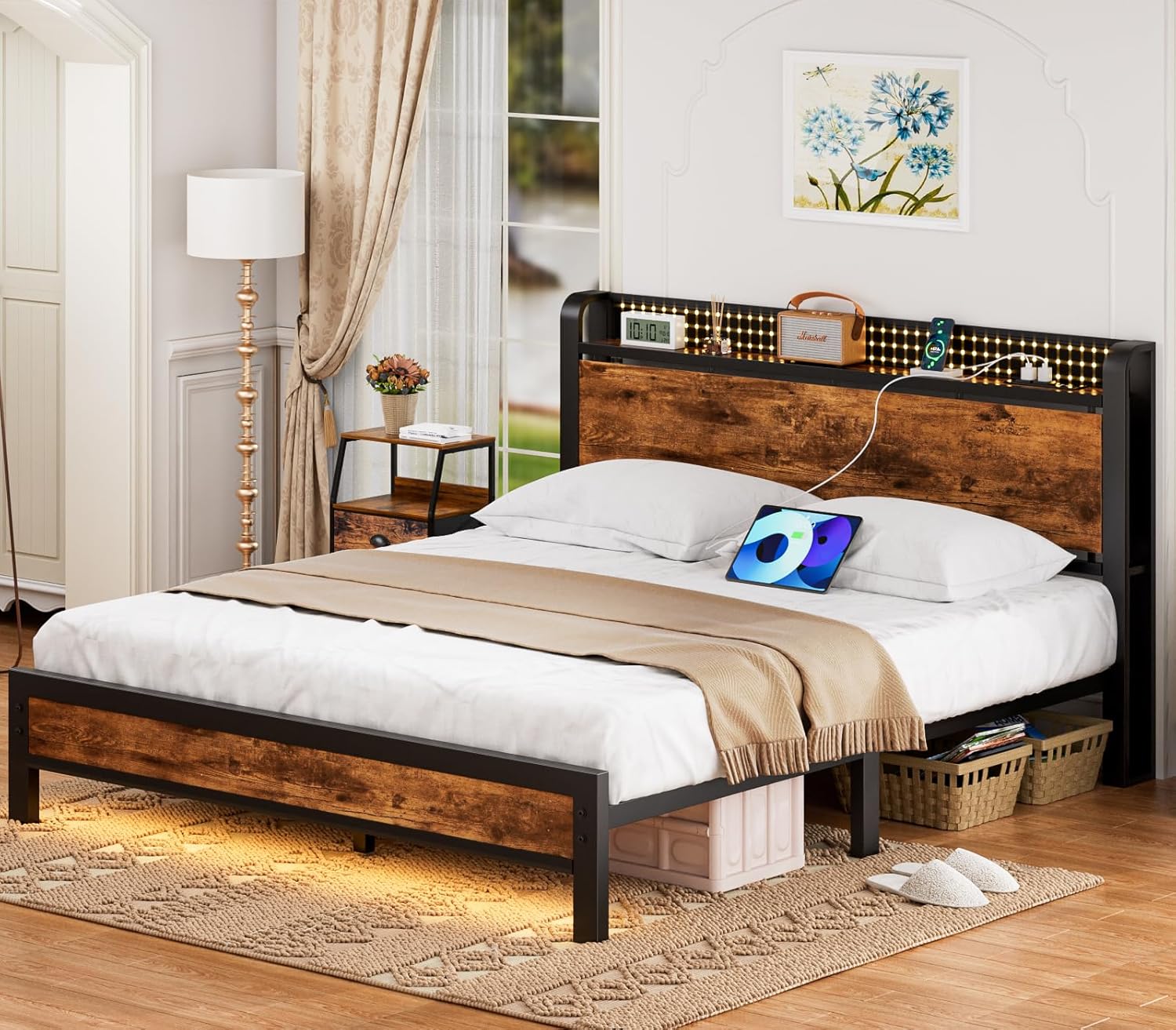 Furnulem Queen Bed Frame with Charging Station and LED Lights,Industrial Platform Beds with Storage Headboard USB Port Rustic Wood and Strong Metal