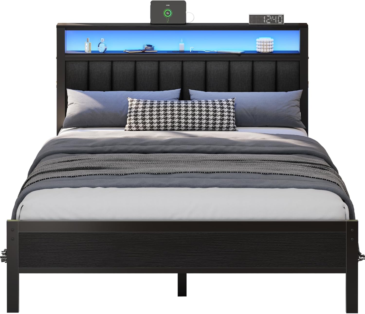 Furnulem Queen Size bed frame with charging station and LED light gray upholstered headboard two-tier storage shelves no spring mattress required