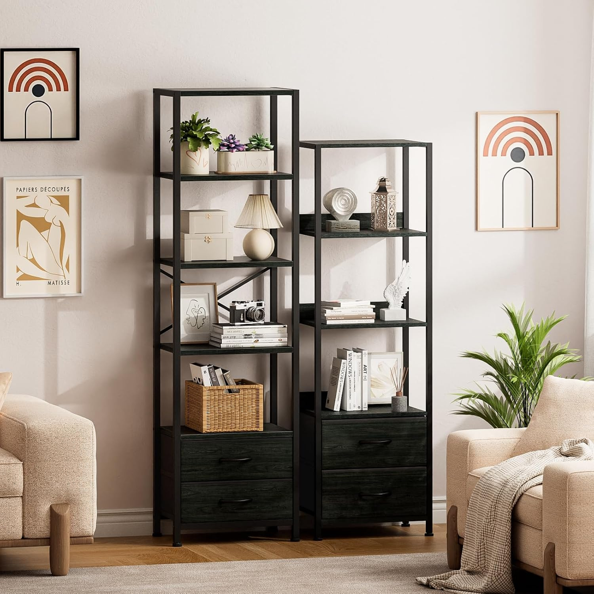 5-Tier Tall Corner Shelf, Narrow Bookshelf with Drawers
