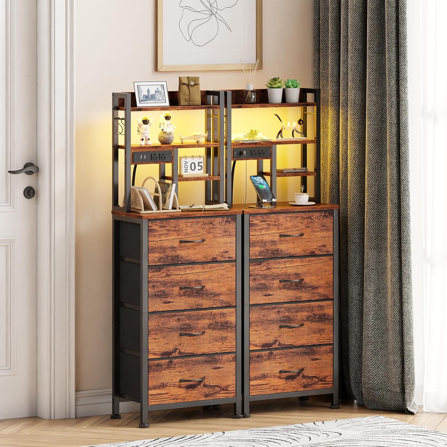 Furnulem Night Stand Set 2, LED Nightstand with Charging Station, 4 Fabric Drawers and 4 Tier Storage Shelf, Bedside End Table for Bedroom, Dorm, Office, Rustic Brown