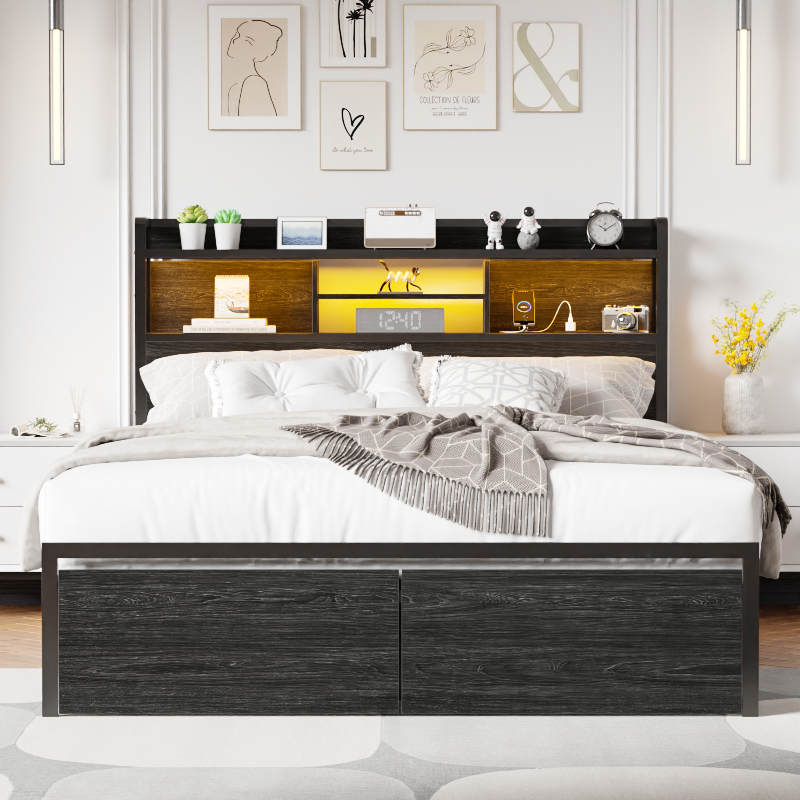 Furnulem LED Bed Frame with Wood Headboard and 2 Drawers