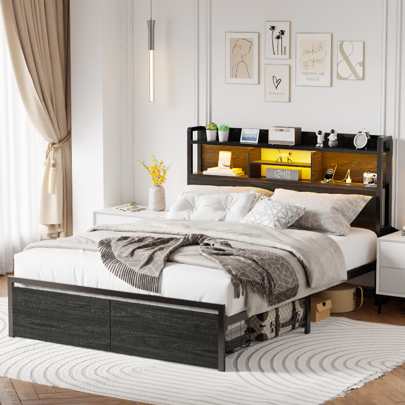 Furnulem LED Bed Frame with Wood Headboard and 2 Drawers