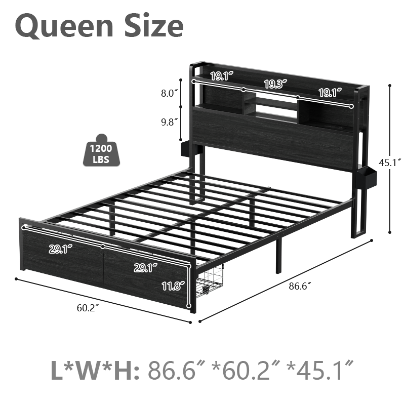 Furnulem LED Bed Frame with Wood Headboard and 2 Drawers