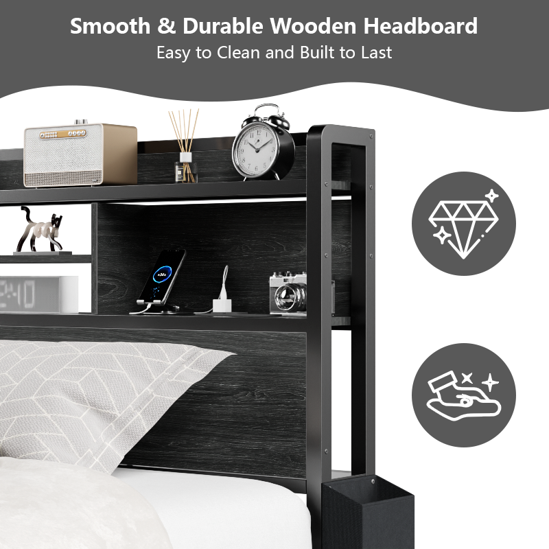 Furnulem LED Bed Frame with Wood Headboard and 2 Drawers