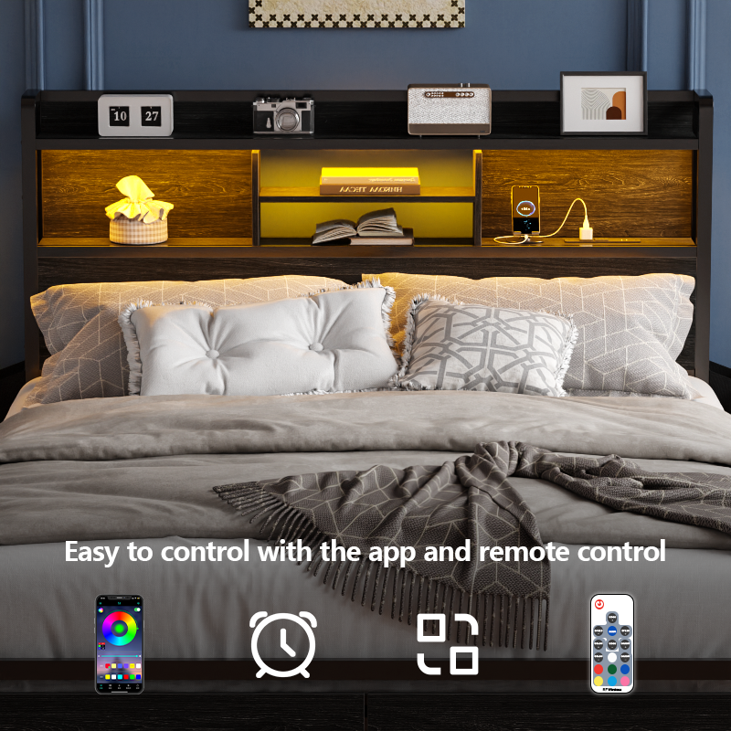 Furnulem LED Bed Frame with Wood Headboard and 2 Drawers