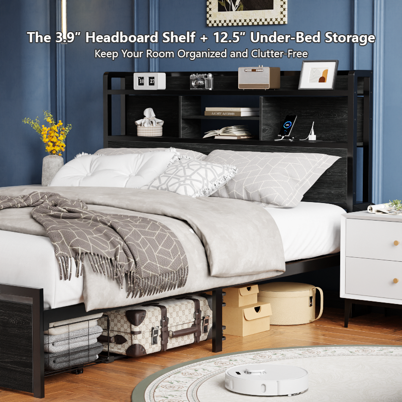 Furnulem LED Bed Frame with Wood Headboard and 2 Drawers