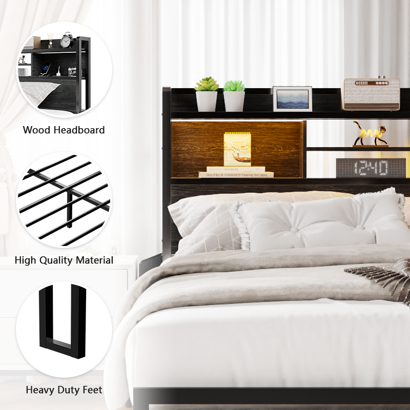 Furnulem LED Bed Frame with Wood Headboard and 2 Drawers