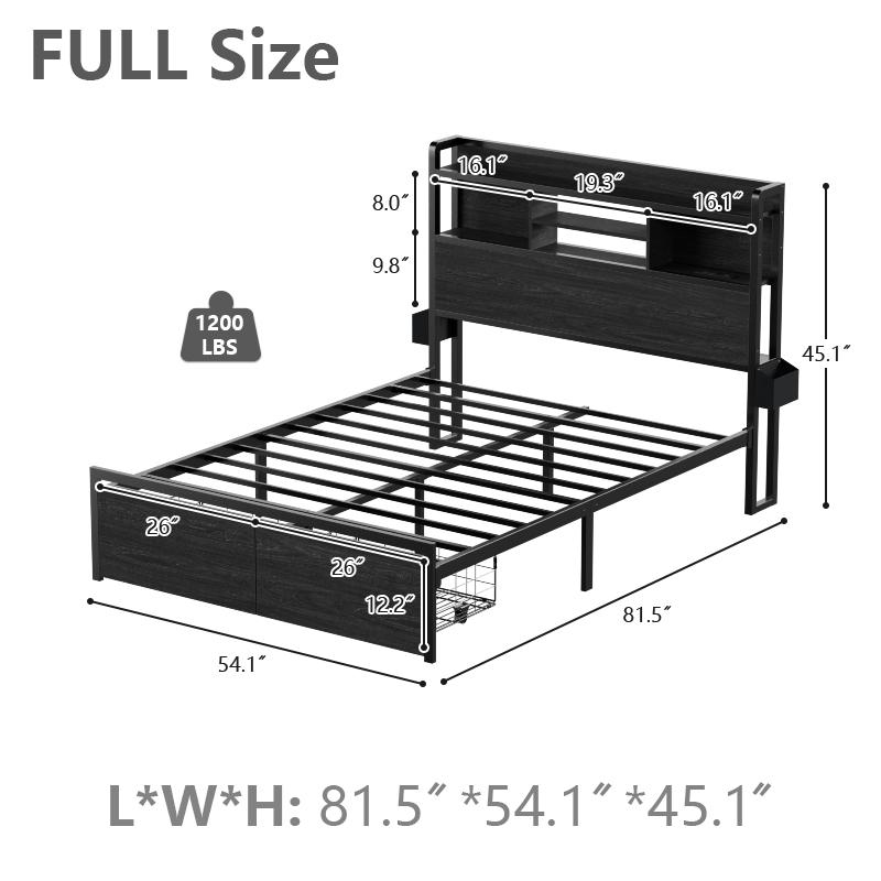 Furnulem LED Bed Frame with Wood Headboard and 2 Drawers
