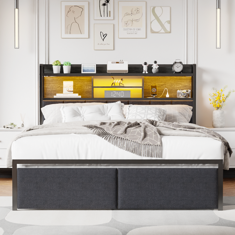 Furnulem LED Bed Frame with Upholstered Headboard and 2 Drawers