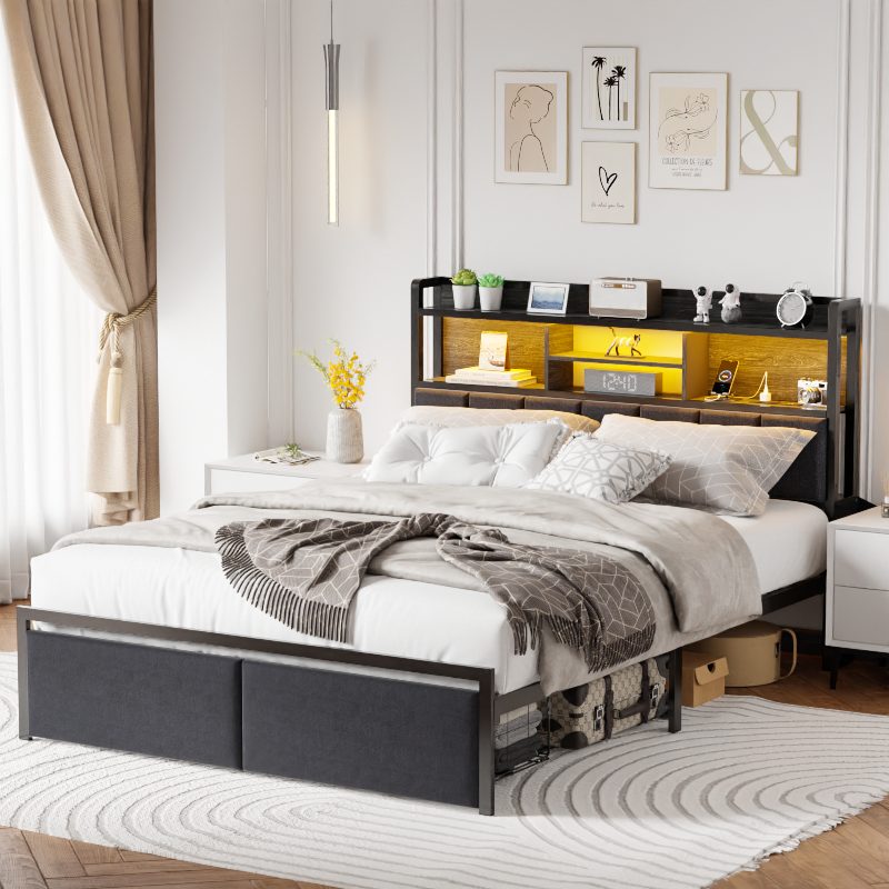 Furnulem LED Bed Frame with Upholstered Headboard and 2 Drawers