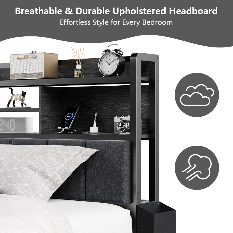 Furnulem LED Bed Frame with Upholstered Headboard and 2 Drawers