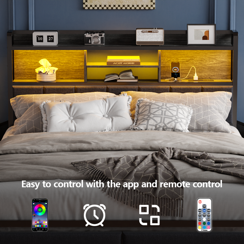 Furnulem LED Bed Frame with Upholstered Headboard and 2 Drawers