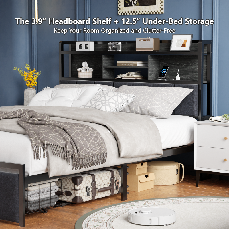 Furnulem LED Bed Frame with Upholstered Headboard and 2 Drawers