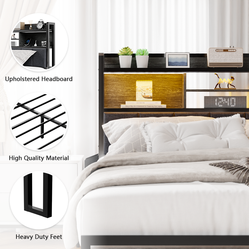 Furnulem LED Bed Frame with Upholstered Headboard and 2 Drawers