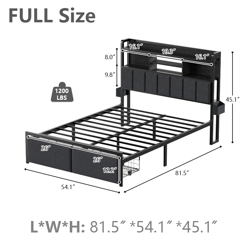 Furnulem LED Bed Frame with Upholstered Headboard and 2 Drawers