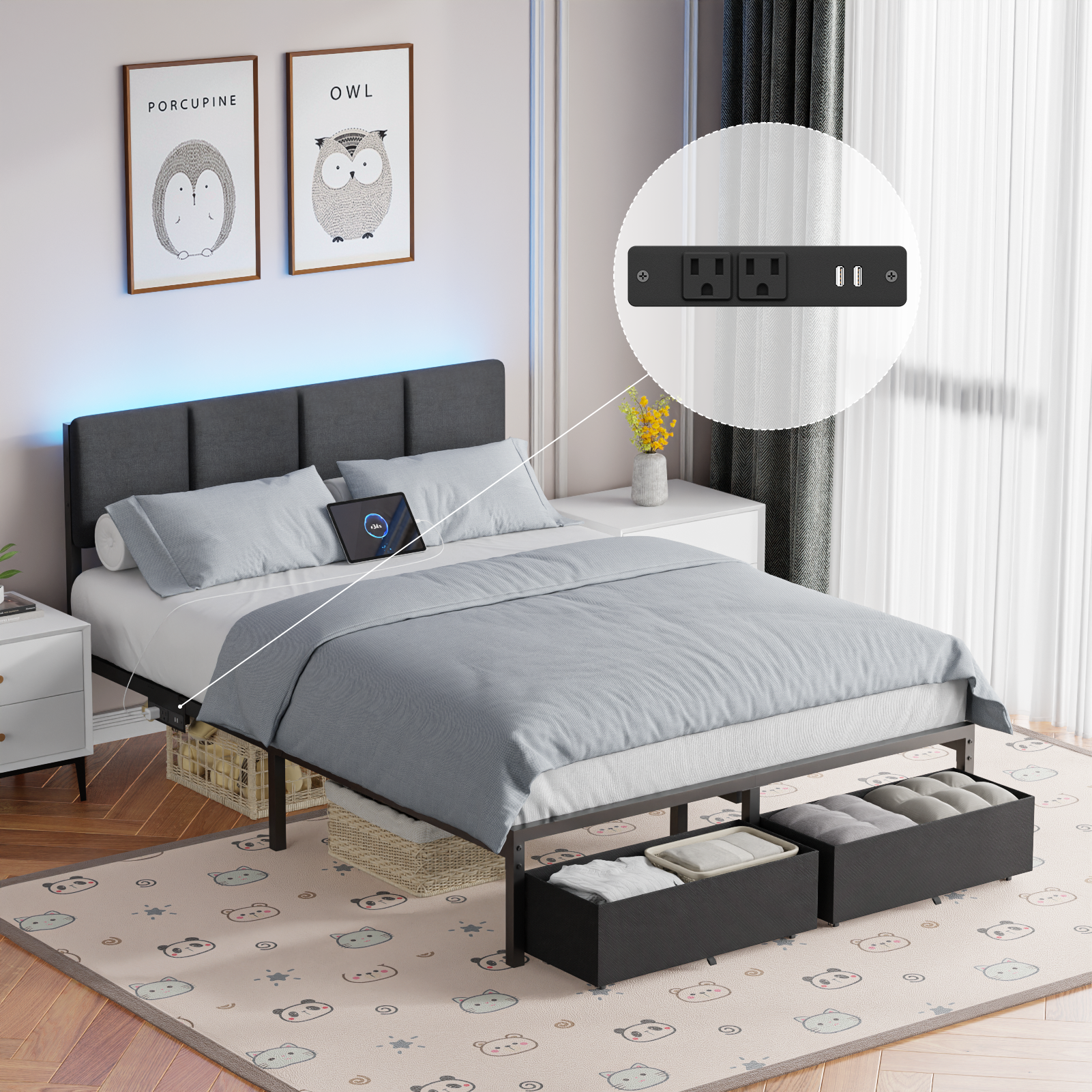Qwatto Upholstered Full Bed Frame with LED Lights Charging Station 2 Storage Drawers Platform Bed No Box Spring Needed Modern Bedroom Furniture