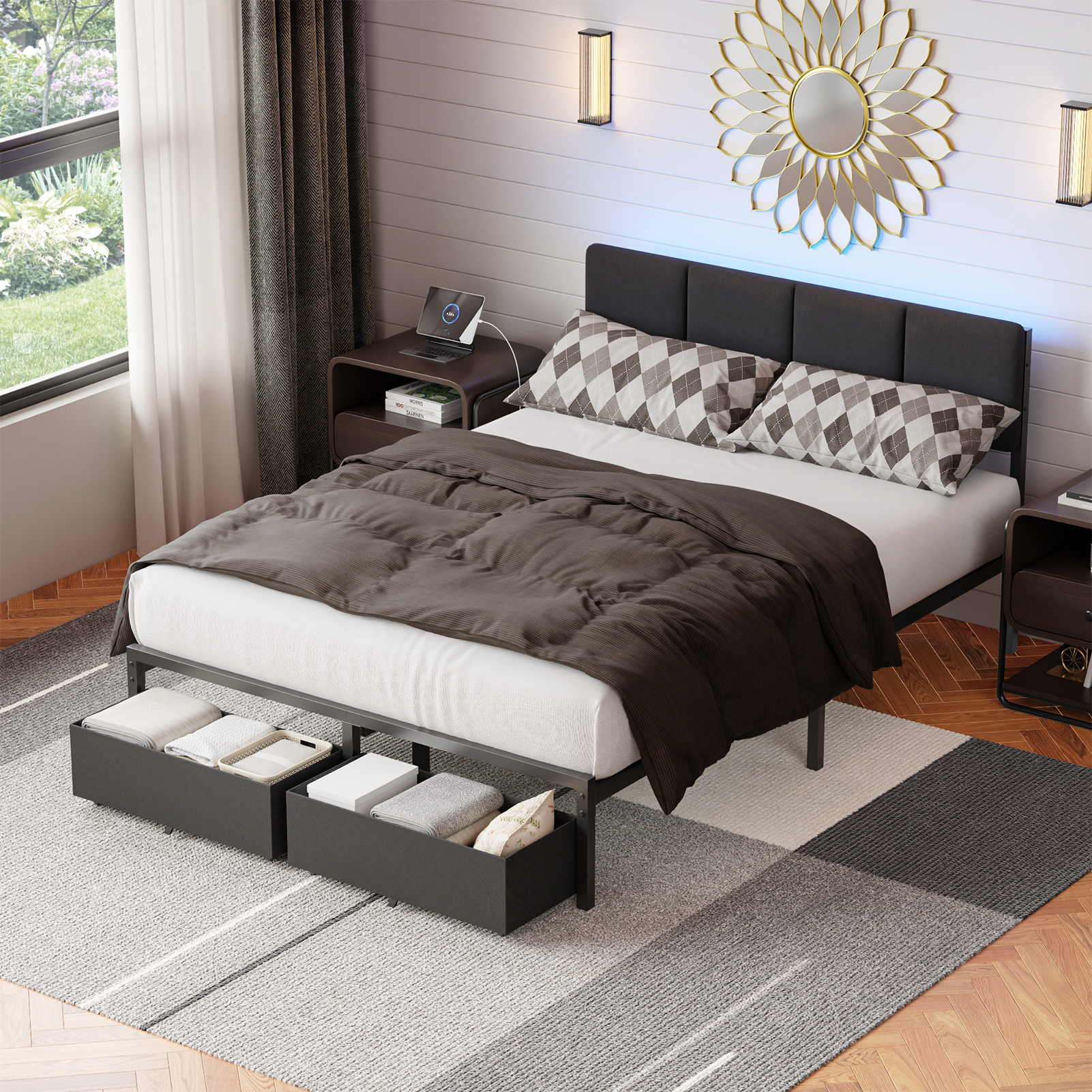 Qwatto Full Size Storage Bed Frame with 2 Drawers Charging Station LED Lights Upholstered Headboard Platform Bed No Box Spring Needed Bedroom