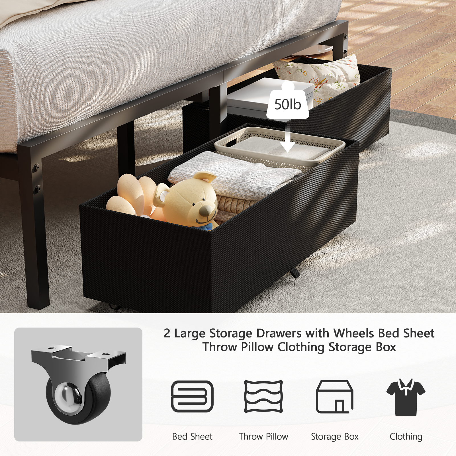 Qwatto Upholstered Full Bed Frame with LED Lights Charging Station 2 Storage Drawers Platform Bed No Box Spring Needed Modern Bedroom Furniture
