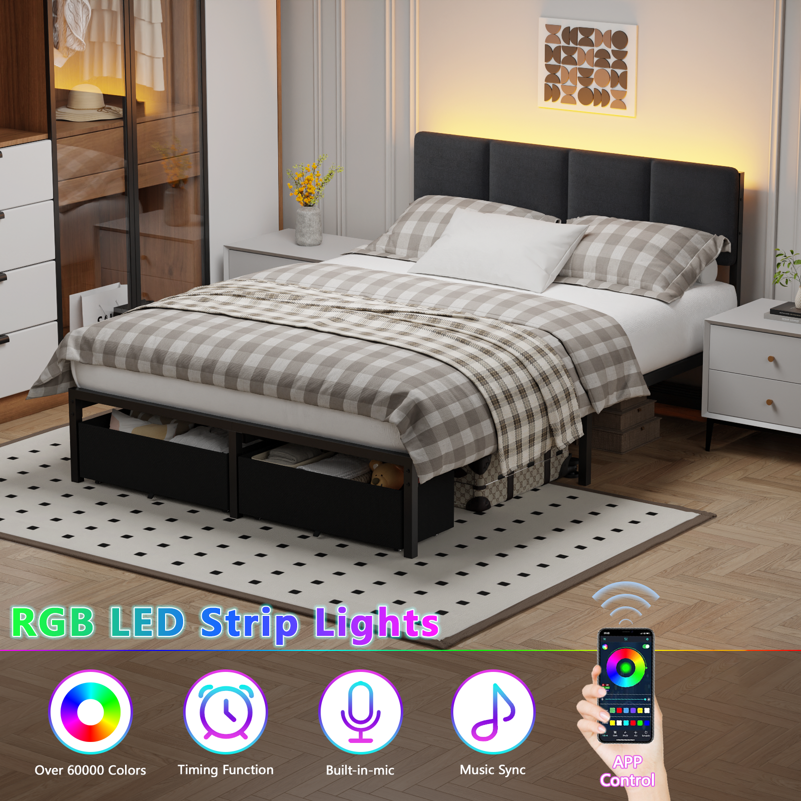 Qwatto Upholstered Full Bed Frame with LED Lights Charging Station 2 Storage Drawers Platform Bed No Box Spring Needed Modern Bedroom Furniture