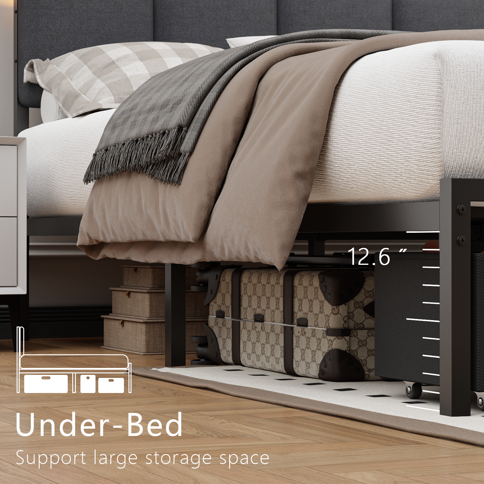 Qwatto Full Size Storage Bed Frame with 2 Drawers Charging Station LED Lights Upholstered Headboard Platform Bed No Box Spring Needed Bedroom