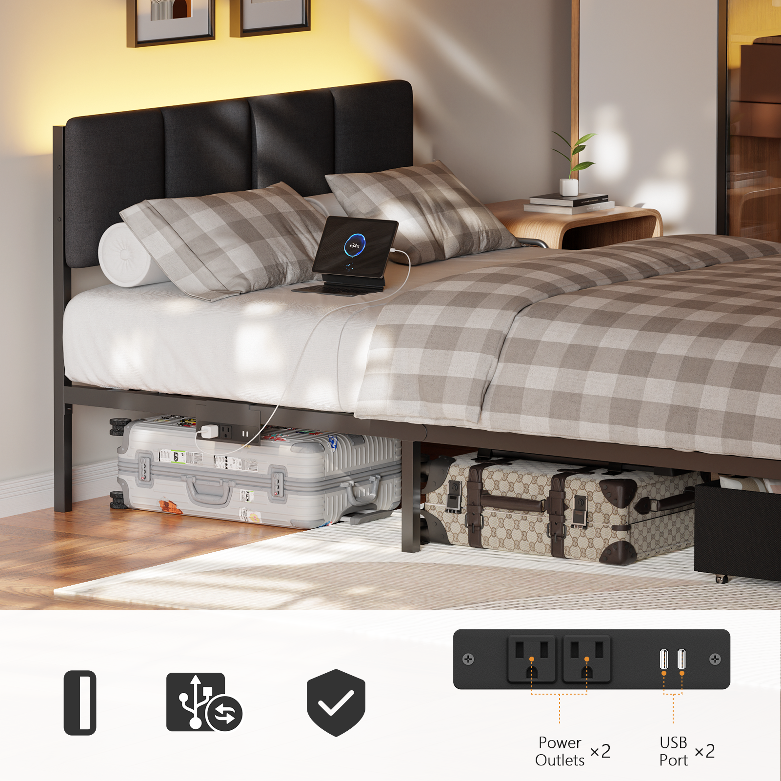 Qwatto Upholstered Full Bed Frame with LED Lights Charging Station 2 Storage Drawers Platform Bed No Box Spring Needed Modern Bedroom Furniture