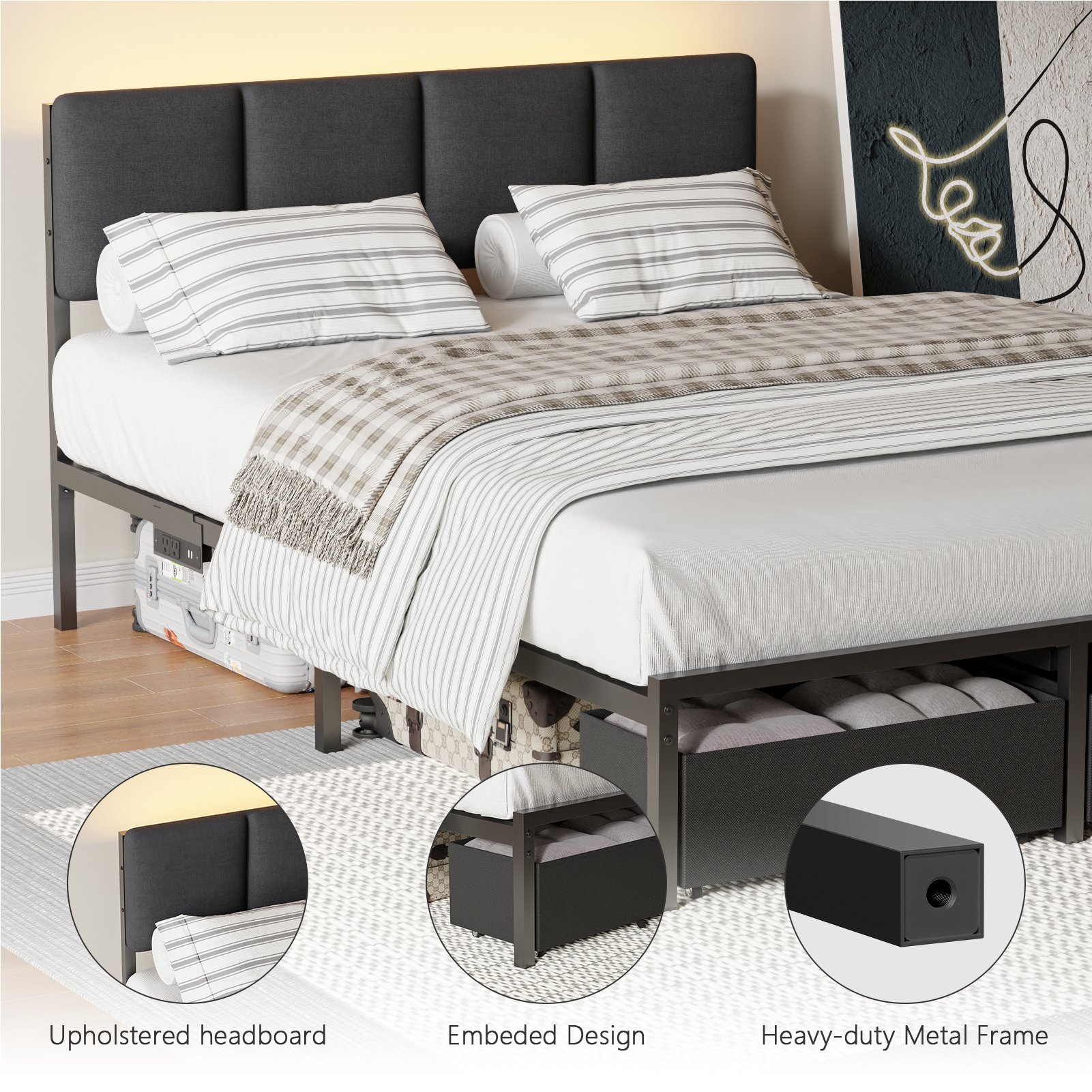 Qwatto Full Size Storage Bed Frame with 2 Drawers Charging Station LED Lights Upholstered Headboard Platform Bed No Box Spring Needed Bedroom