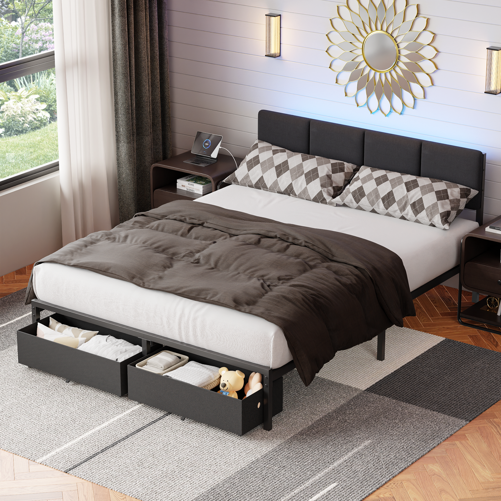 Modern Queen Bed Frame with Adjustable Headboard 2 Storage Drawers LED Lights Charging Station Grey Upholstered Platform Metal No Box Spring Needed