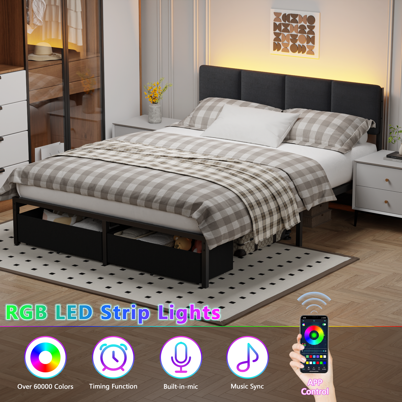 Grey Upholstered Queen Bed Frame with 2 Storage Drawers Adjustable Headboard LED Lights Charging Station Platform Metal Slats No Box Spring Needed