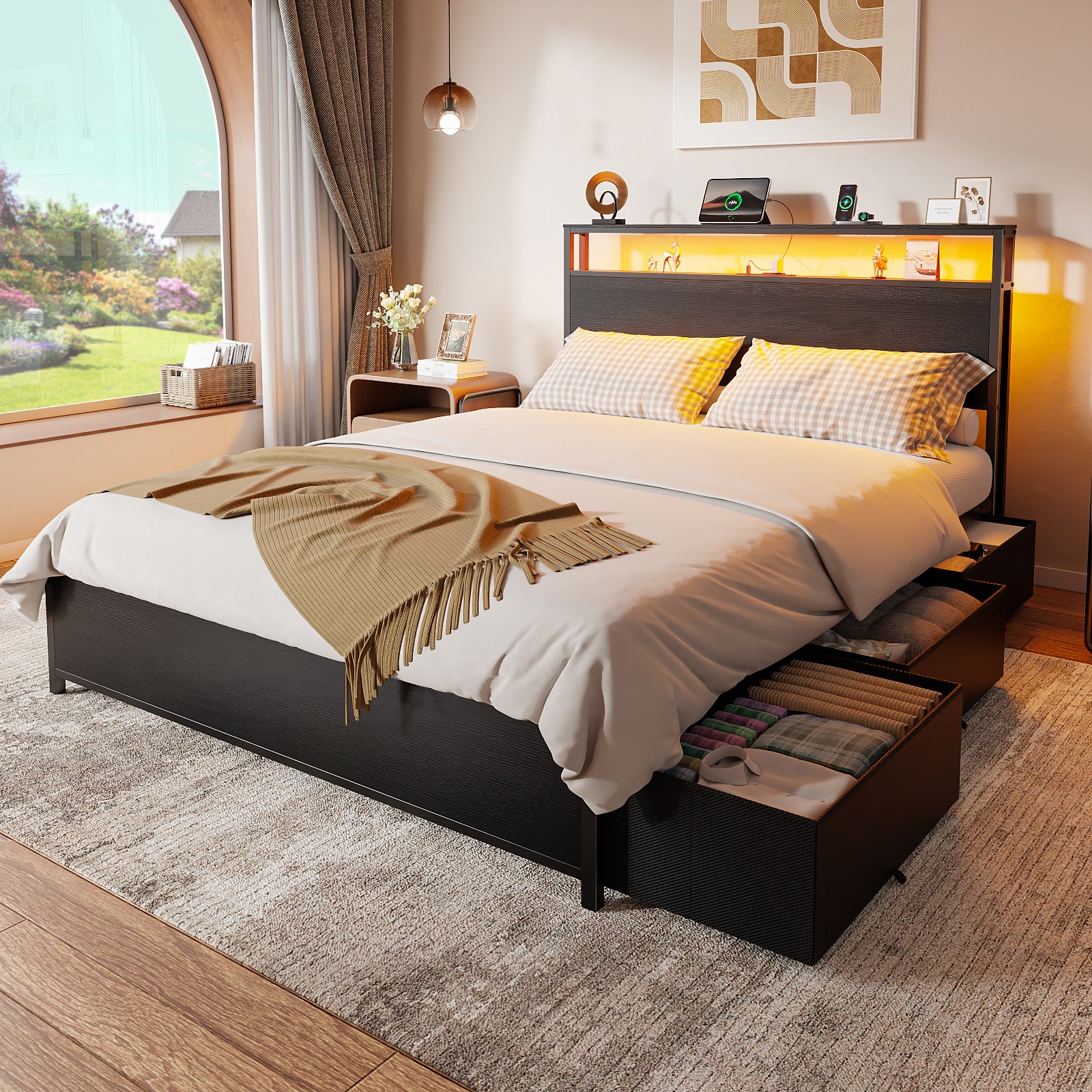 Qwatto Full Size Bed Frame 6 Drawers Storage Headboard LED Lights Charging Station Metal Platform Bedframe Black No Box Spring Needed Noise Free USB