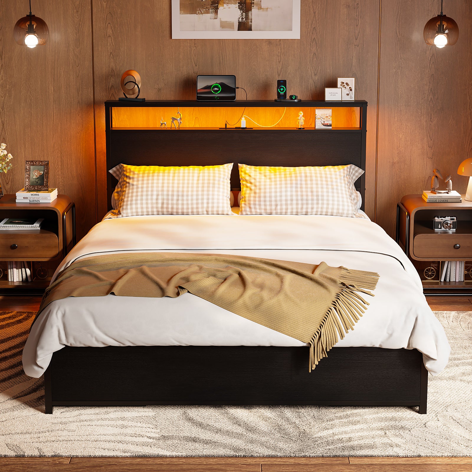 Qwatto Full Size Bed Frame 6 Drawers Storage Headboard LED Lights Charging Station Metal Platform Bedframe Black No Box Spring Needed Noise Free USB