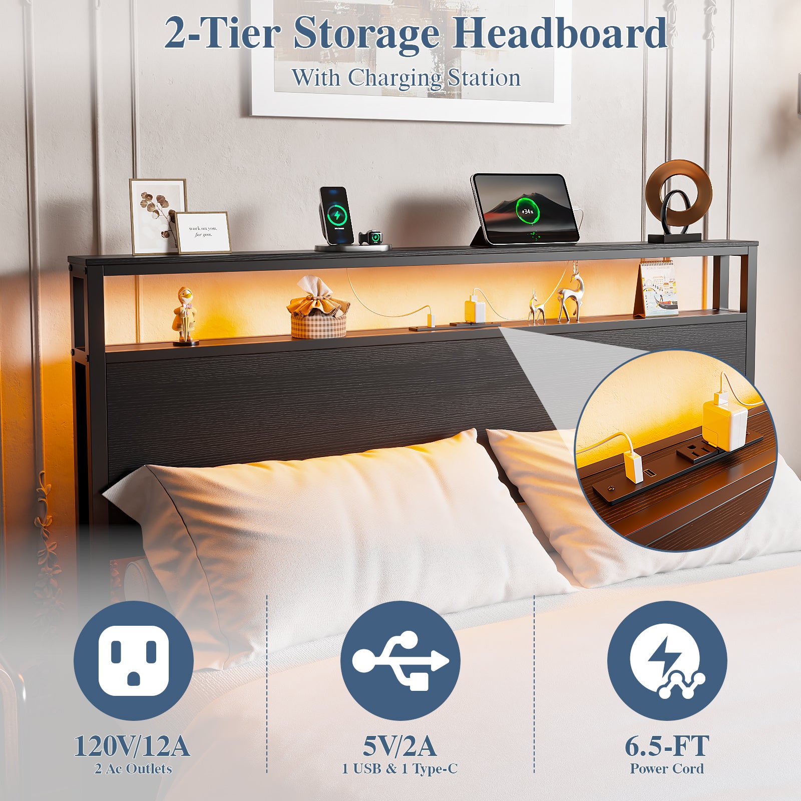 Qwatto Full Size Bed Frame 6 Drawers Storage Headboard LED Lights Charging Station Metal Platform Bedframe Black No Box Spring Needed Noise Free USB