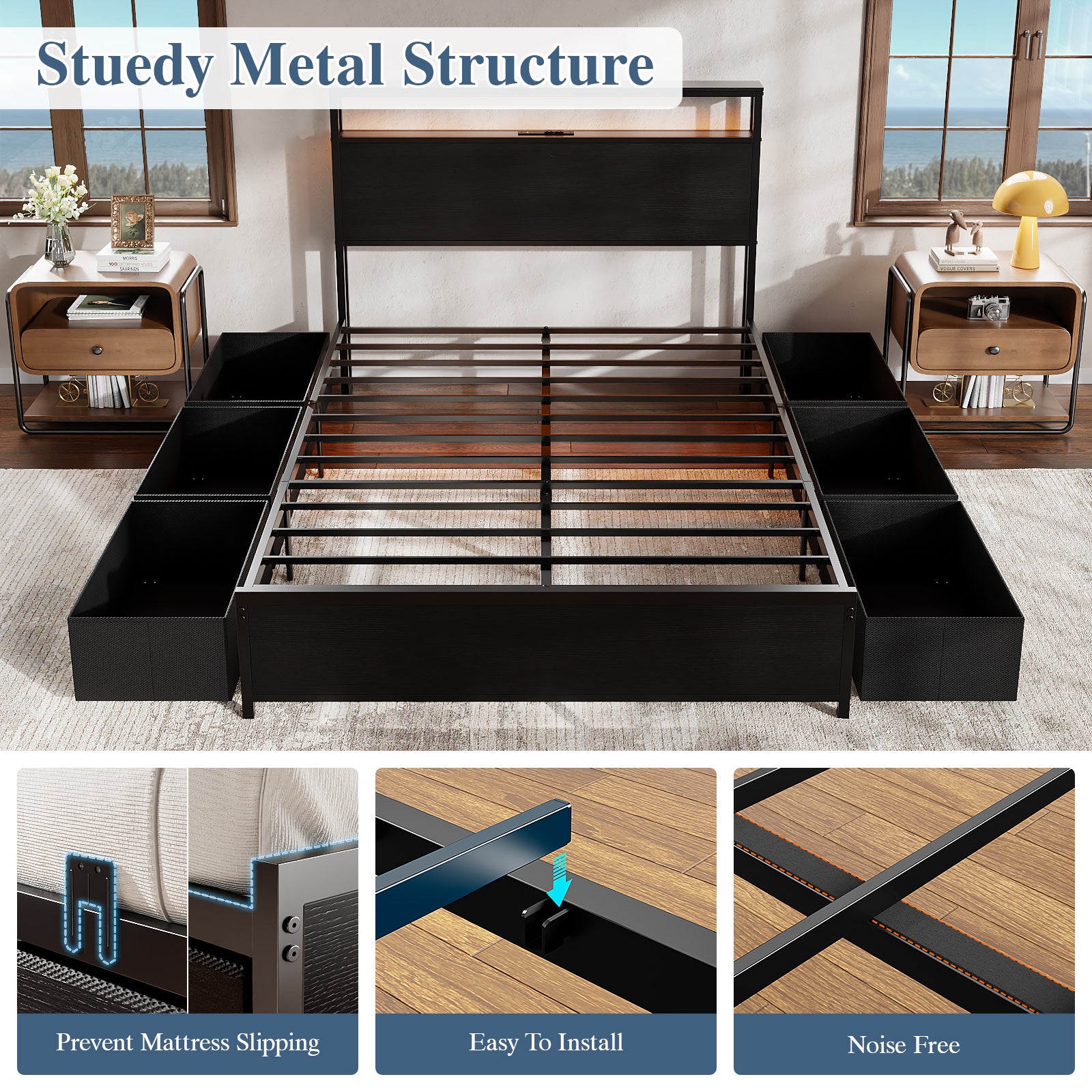 Qwatto Full Size Bed Frame 6 Drawers Storage Headboard LED Lights Charging Station Metal Platform Bedframe Black No Box Spring Needed Noise Free USB