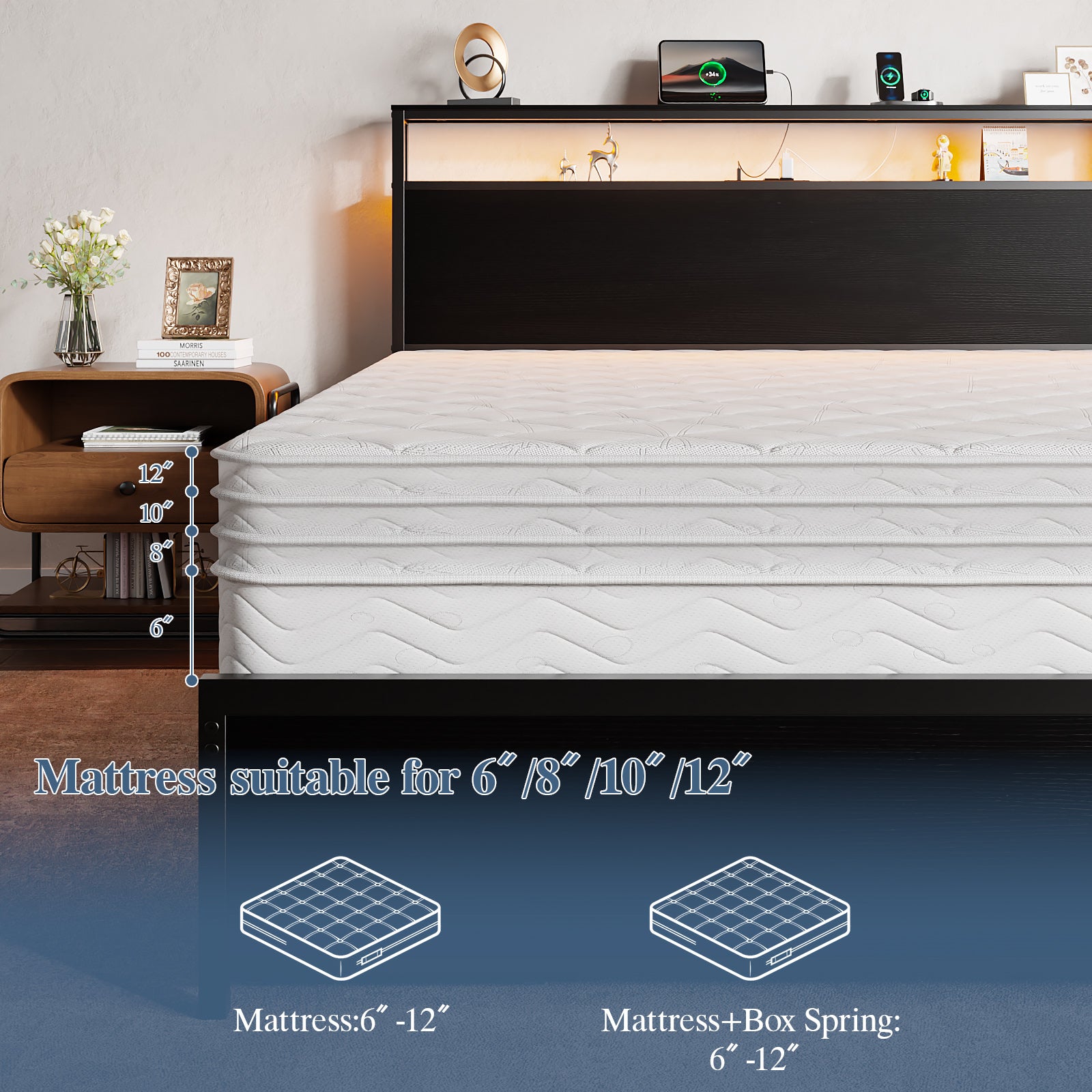Qwatto Full Size Bed Frame 6 Drawers Storage Headboard LED Lights Charging Station Metal Platform Bedframe Black No Box Spring Needed Noise Free USB