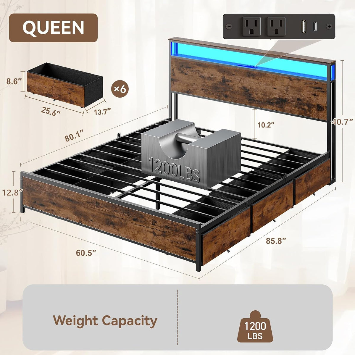 Bed Frame with 6 Storage Drawers Metal Platform Bed Frame with 2-Tier Storage Headboard LED