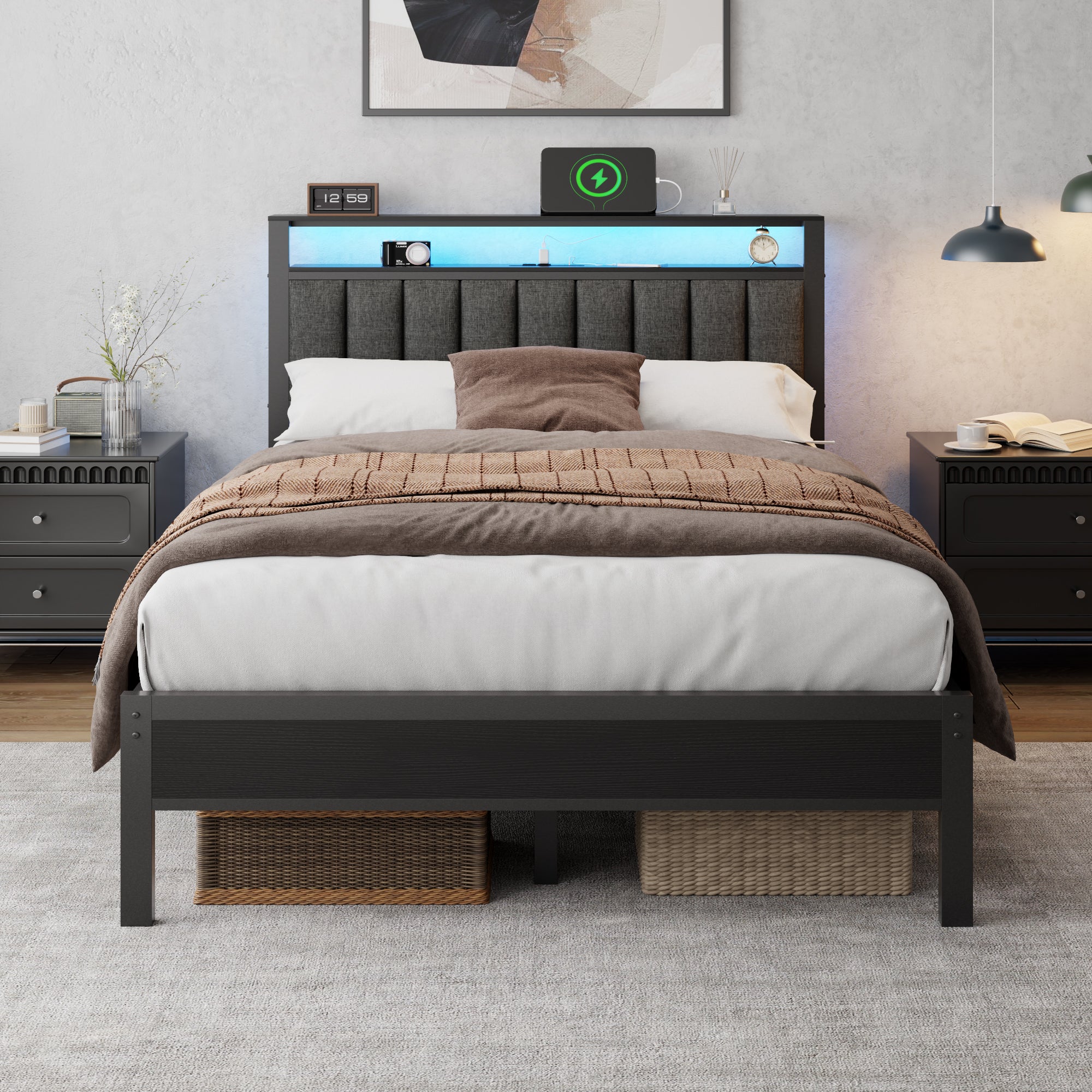 Full Size Bed Frame with LED Lights Charging Station Storage Headboard 2 Tier Shelves Gray Upholstered Platform Bed No Box Spring Needed USB