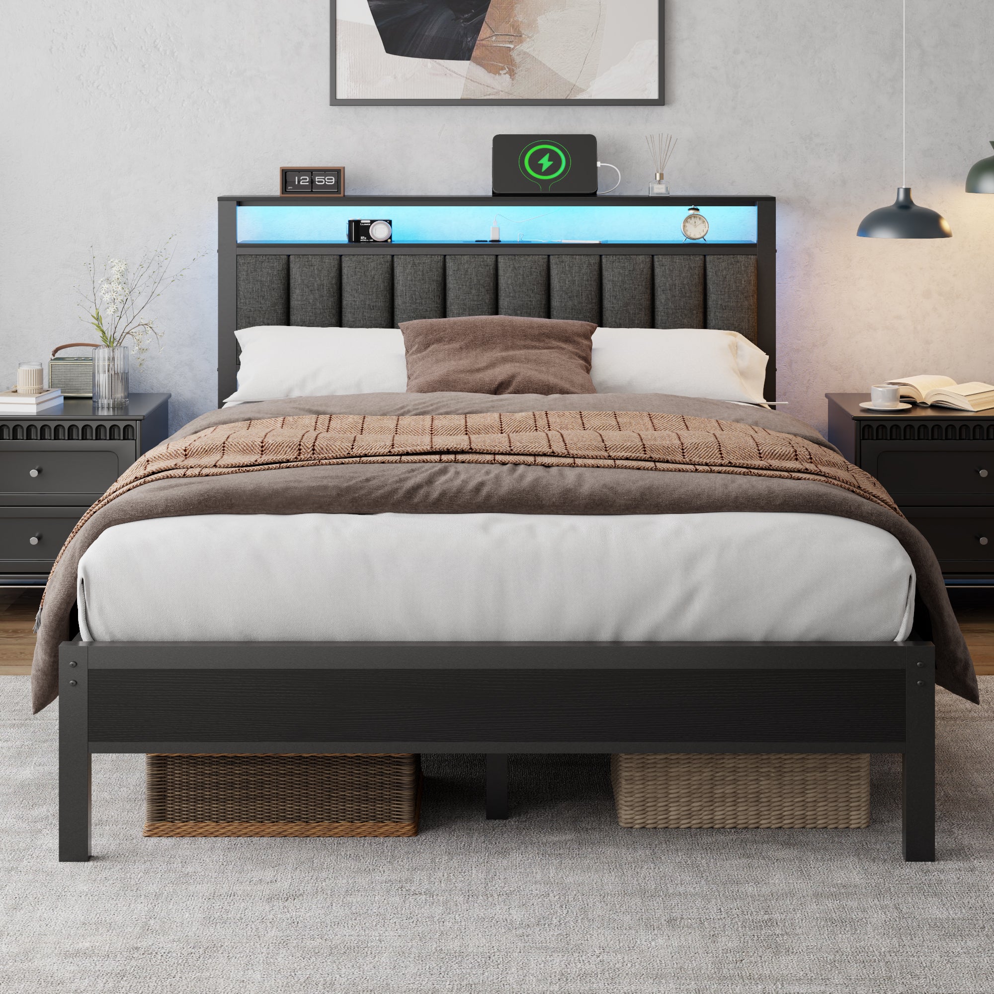 Grey Queen Bed Frame with LED Lights Charging Station Storage Bookcase Headboard Upholstered Platform Bed Metal Slats No Box Spring Needed