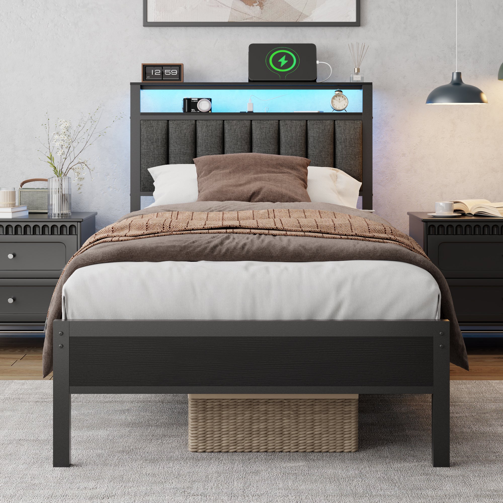 Twin Size bed frame with charging station and LED light gray upholstered headboard two-tier storage shelves no spring mattress required