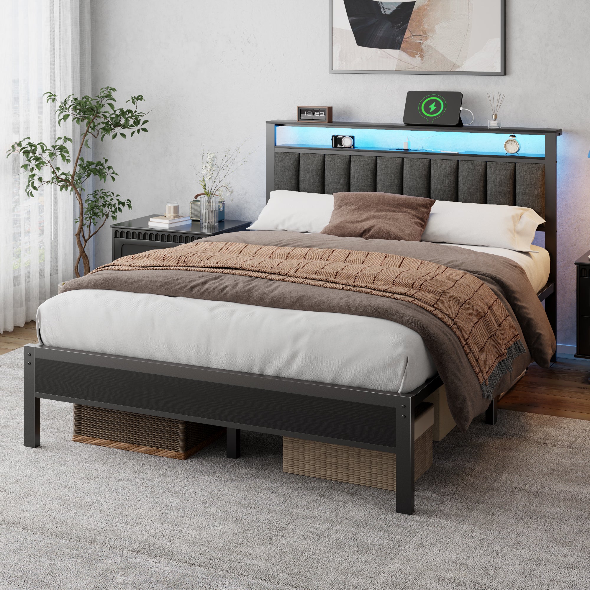 Queen Size Platform Bed Frame with Charging Station LED Lights Storage Headboard Grey Upholstered Metal Slats Support No Box Spring Needed
