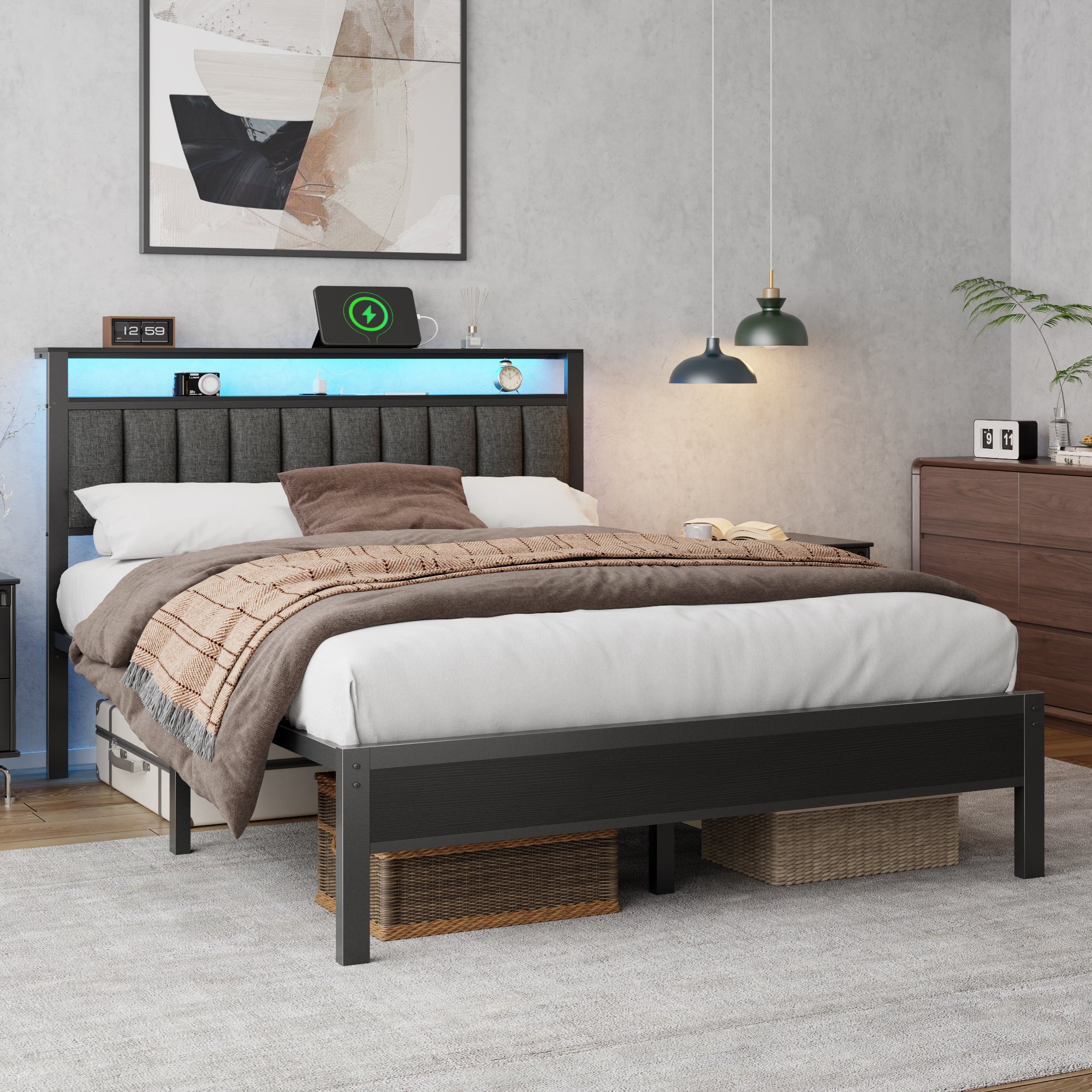 Furnulem Queen Size bed frame with charging station and LED light gray upholstered headboard two-tier storage shelves no spring mattress required