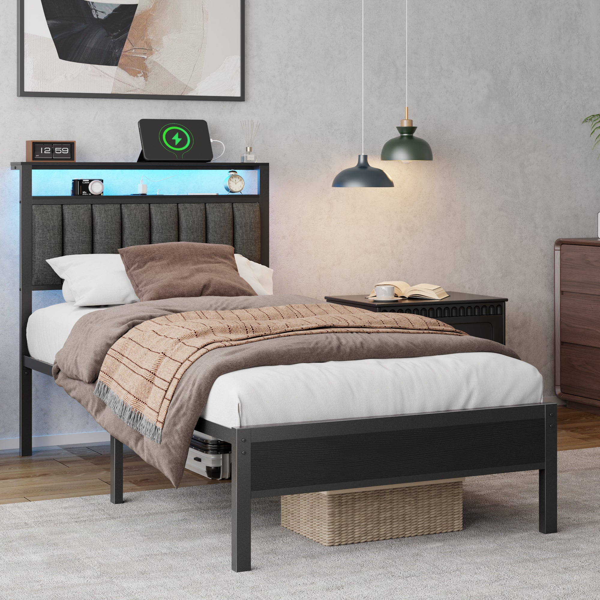 Twin Size Upholstered Platform Bed Frame LED Lights Charging Station 2 Tier Storage Shelves Headboard Gray Metal No Box Spring Needed Gaming Dorm
