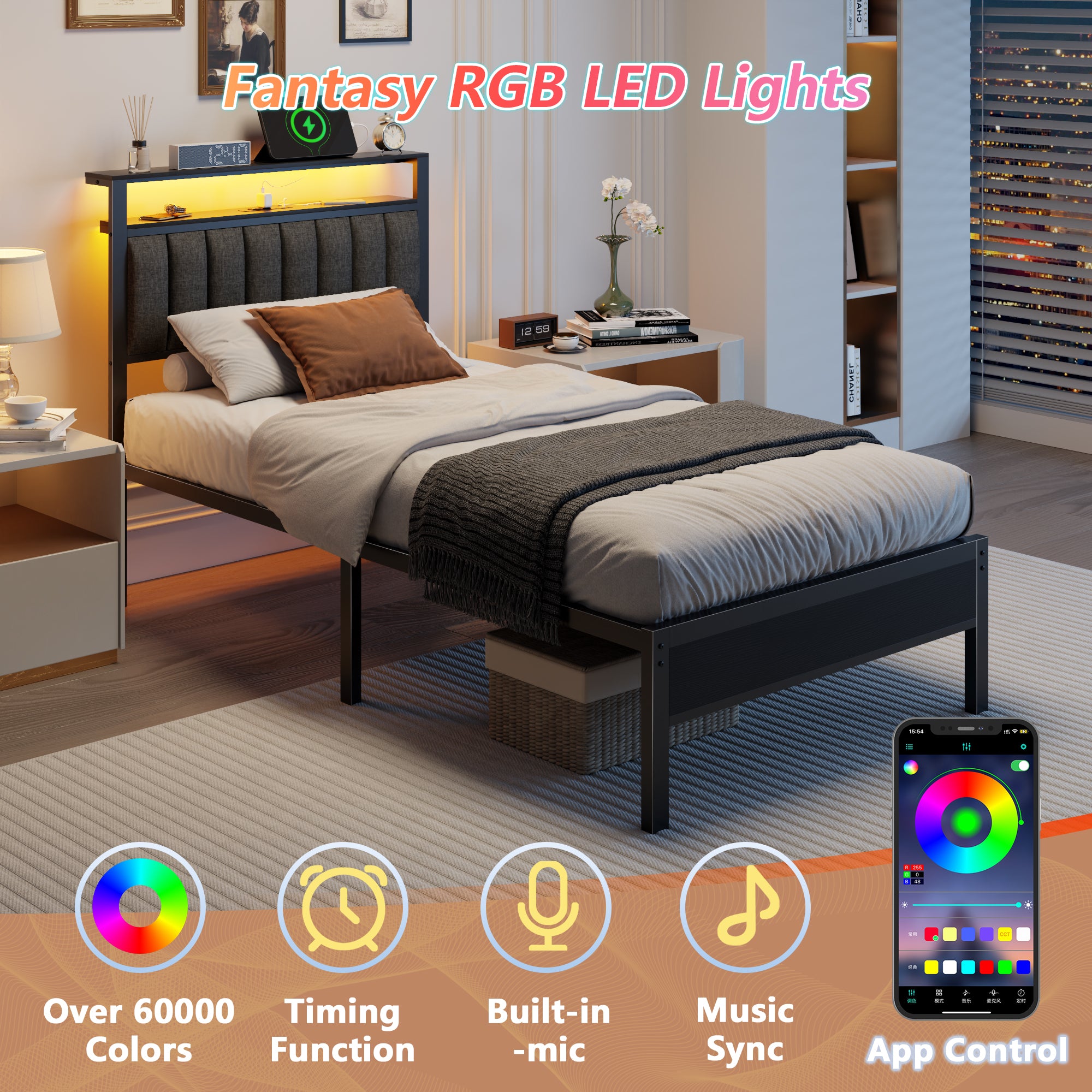 Furnulem Twin size bed frame with charging station and LED light gray upholstered headboard two-tier storage shelves No Box Spring Needed Black