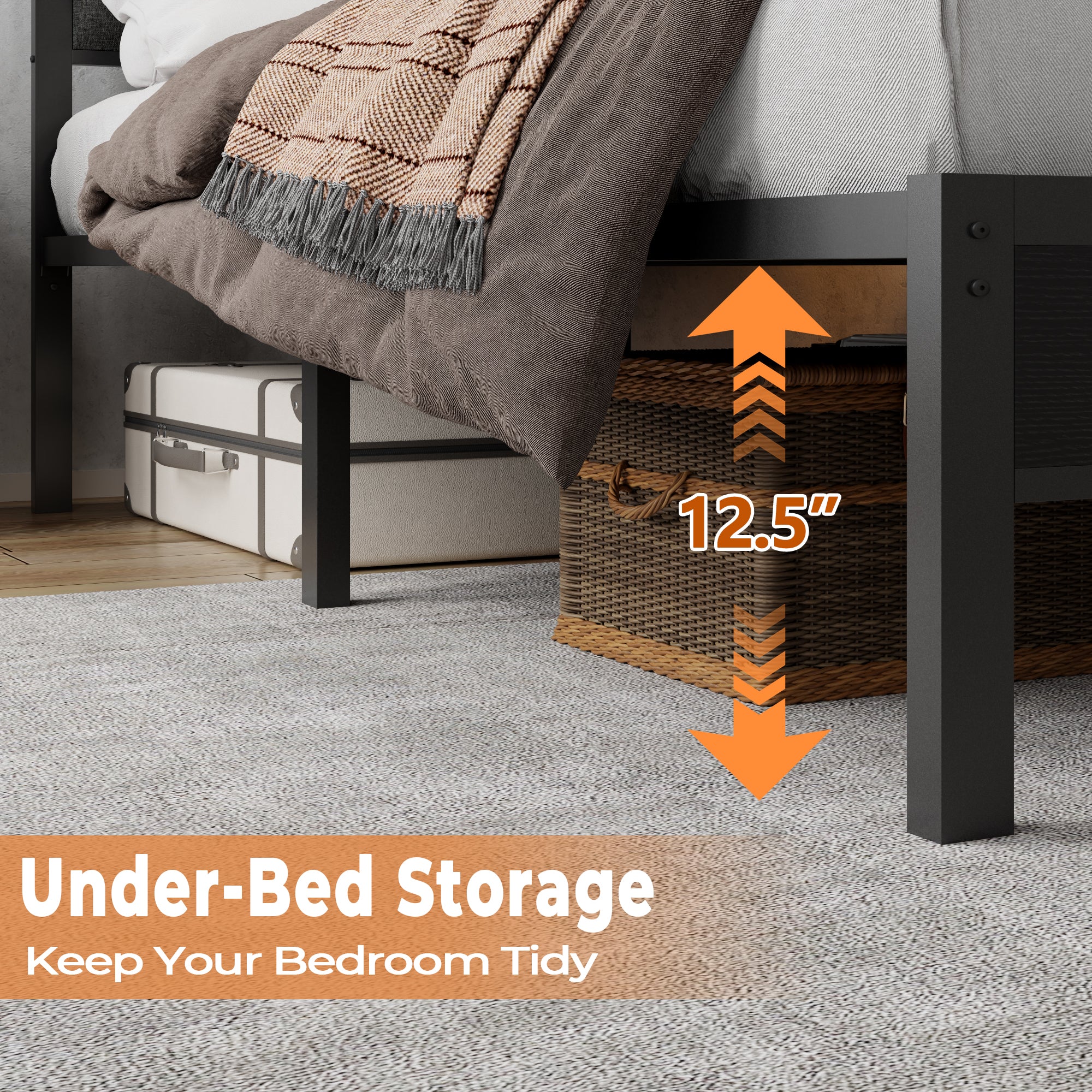 Furnulem Twin size bed frame with charging station and LED light gray upholstered headboard two-tier storage shelves No Box Spring Needed Black