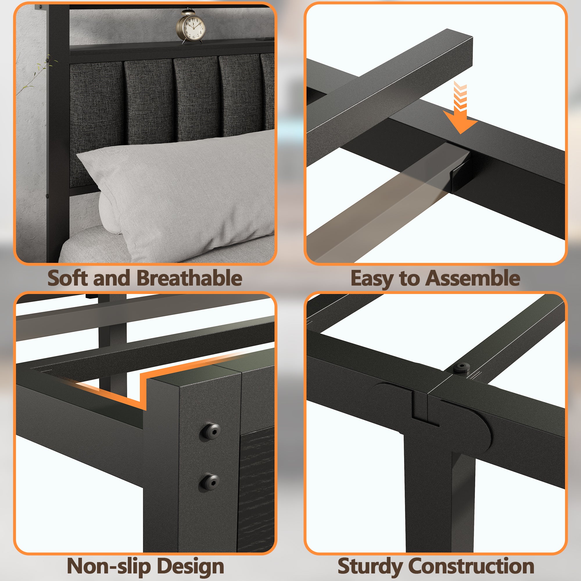 Twin Size Upholstered Platform Bed Frame LED Lights Charging Station 2 Tier Storage Shelves Headboard Gray Metal No Box Spring Needed Gaming Dorm