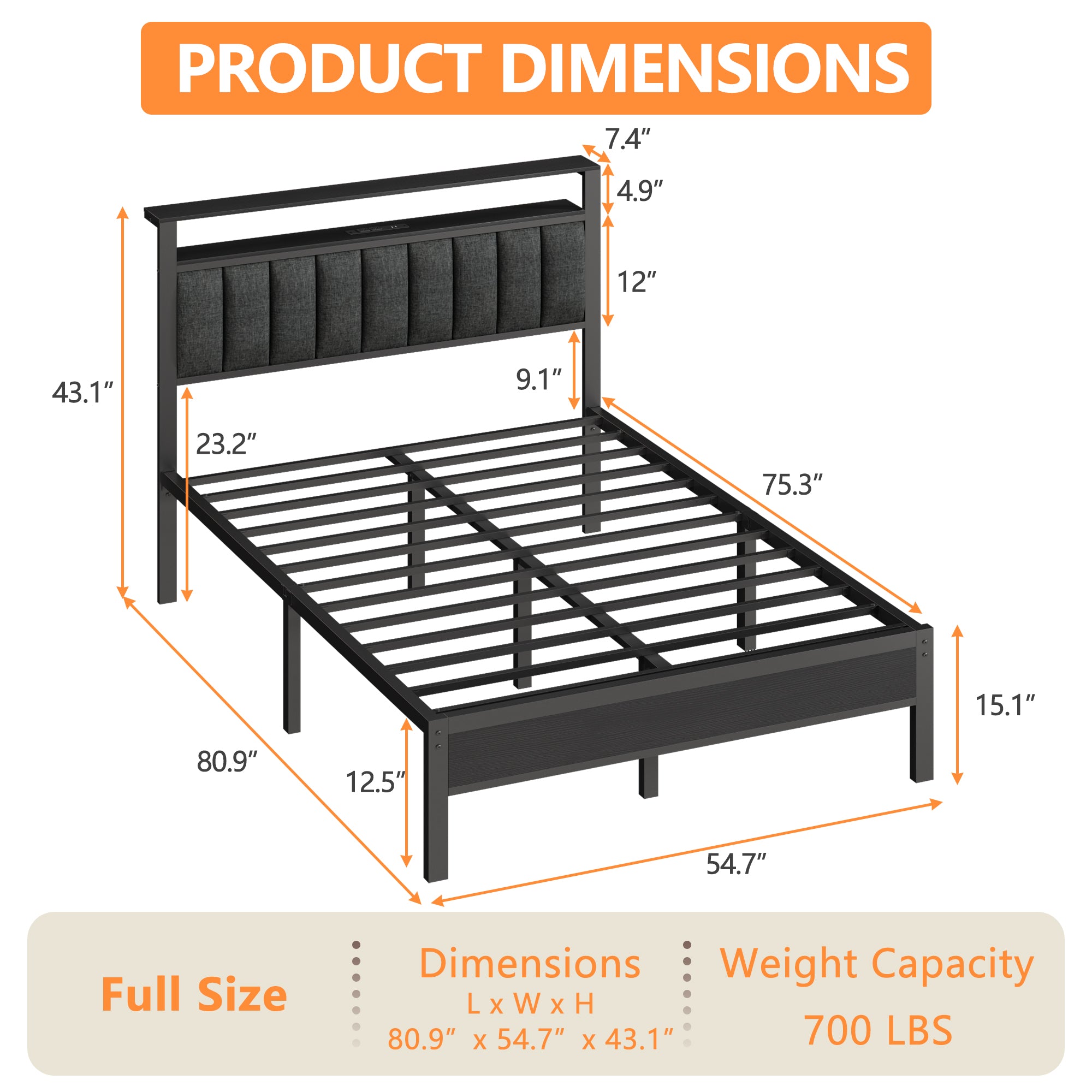 Full Size Platform Bed Frame LED Lights Charging Station Gray Upholstered Headboard Storage Shelves Modern Bedroom Furniture Kids Teens USB