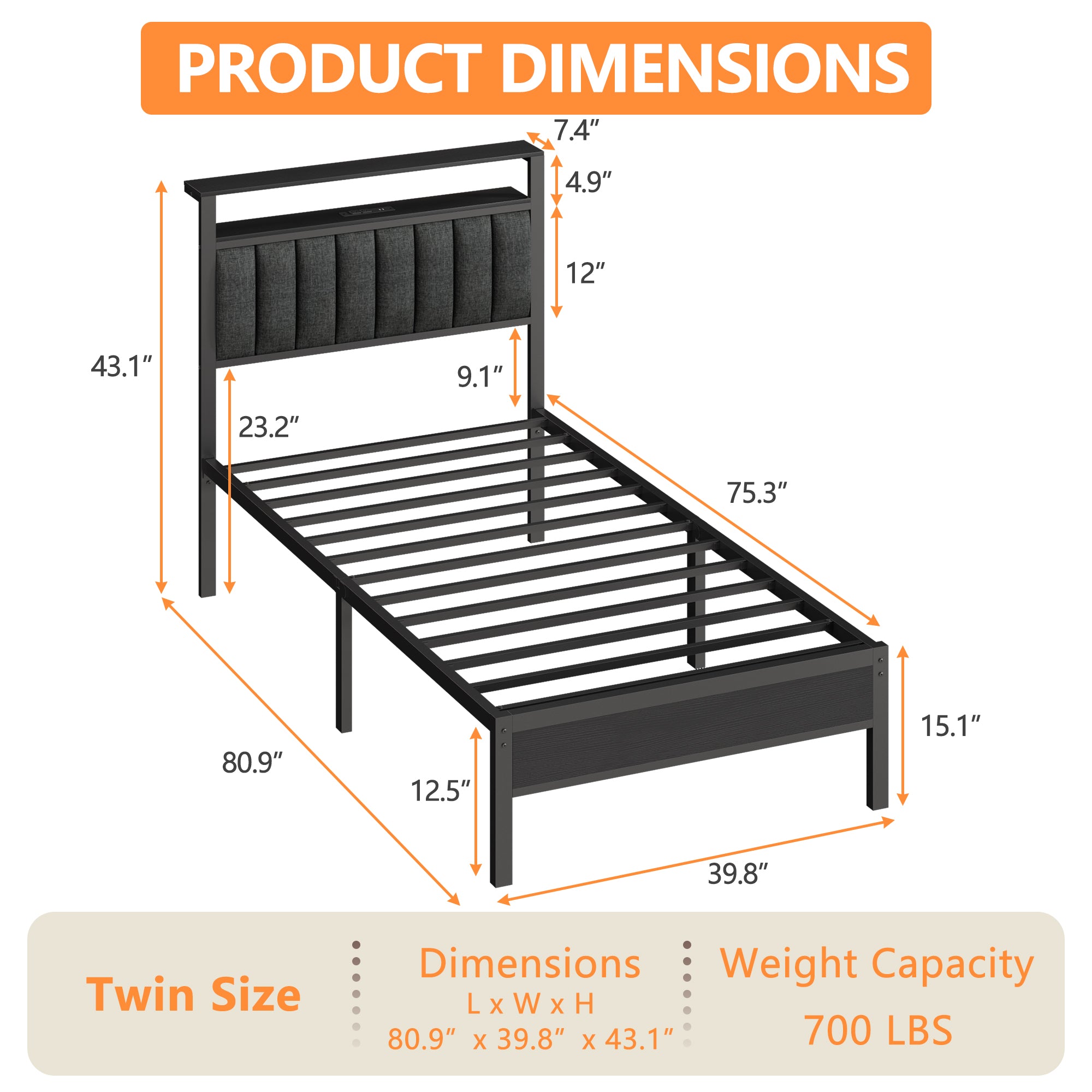Furnulem Twin size bed frame with charging station and LED light gray upholstered headboard two-tier storage shelves No Box Spring Needed Black